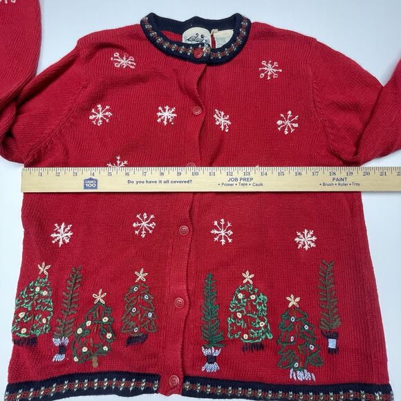 Northern Reflections Cardigan Sweater Red Christmas Trees Snowflake Women's Sz M - Picture 5 of 10